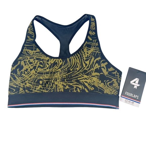 Four Laps FourLaps Circuit Sports Bra sz M Avocado Tuxedo Topo Swirl Mesh Back - Picture 8 of 10